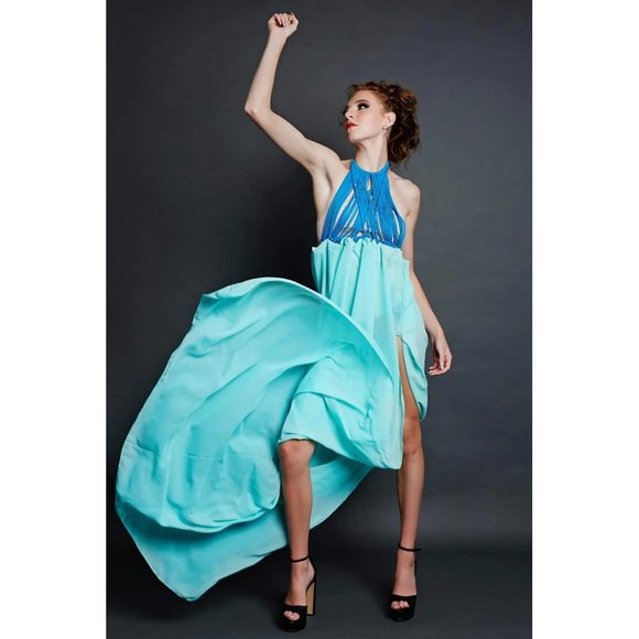 Macreme Women's Blue top Boho Style flowy bottom Handmade Maxi Dress New - Picture 1 of 9
